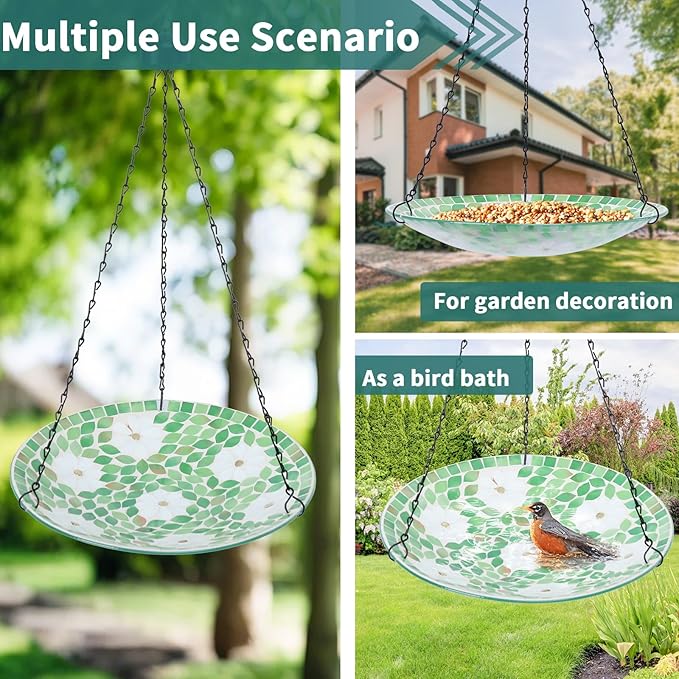 VCUTEKA Hanging Bird Bath, Glass Mosaic Bird Baths for Outdoors Birdfeeder with 21 inch Rust-Proof Chain for Garden Yard Decor