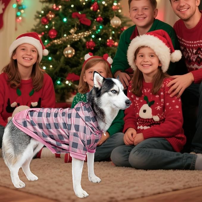 KOOLTAIL Plaid Dog Hoodie Pet Clothes Sweater with Hat and Pocket for Small Medium Large Size Dogs, Soft Winter Warm Dog Cold Weather Coat, Fleece Fall Dog Hooded Sweatshirt for Puppy Cats, Pink XXL