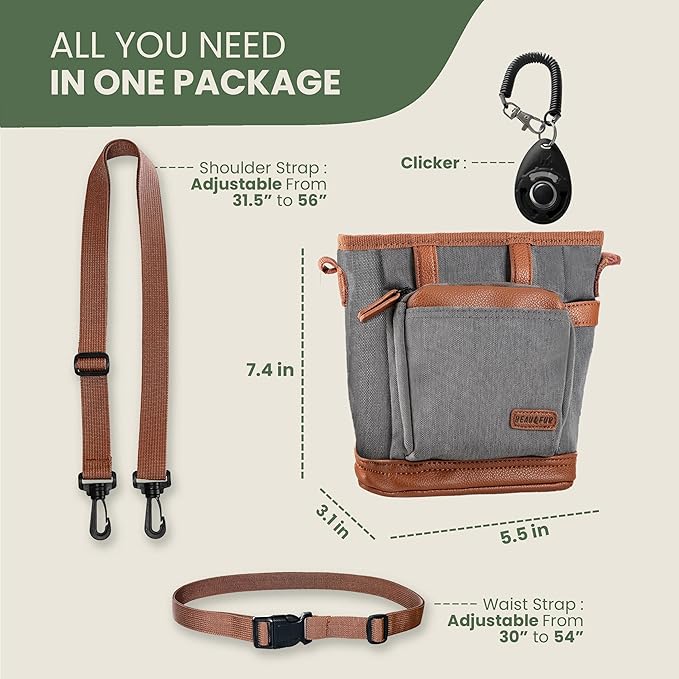 BEAU&FUR Large Dog Treat Pouch with Clicker for Training – 4 Cup Capacity, Built-In Poop Bag Dispenser, Expandable Pocket, Metal Buckle, Large Back Pocket, Ideal Design for Walks and Training – Grey