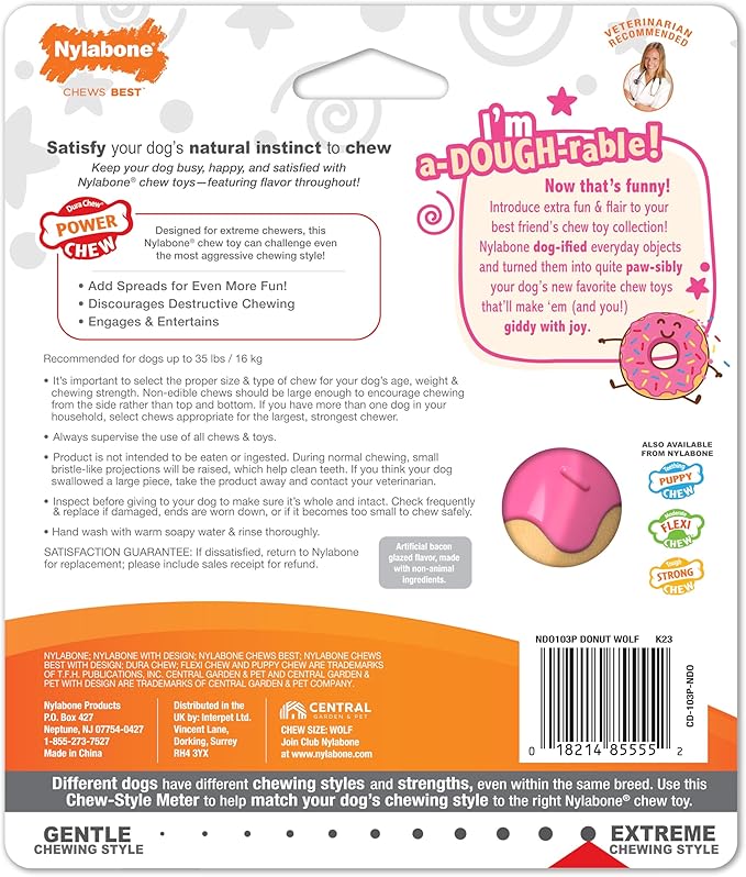 Nylabone Donut Power Chew Toy for Dogs, Dog Toys for Aggressive Chewers, Bacon Glazed Flavor, Medium Dogs - Up to 35 lbs, 1 Count