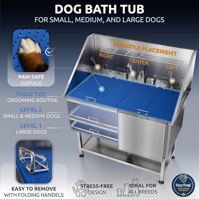 KANIS Professional Dog Washing Station - 304 Stainless Steel Pet Wash Sink & Grooming Bathtub w/Shower, Floor Grates and Storage for Large, Medium & Small Pets (50", Shelf - Right Ramp)