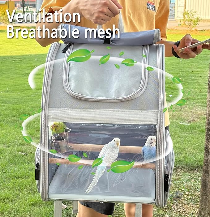 Bird Carrier,Travel Bird Cage,Bird Backpack for Small Birds Parakeet,Canary,Parrot, Finches,Cockatiel.Portable Outdoor Bird Bag with 2 Wooden Perch, Double-Clamp Cup, Detachable Poop Tray (Gray)