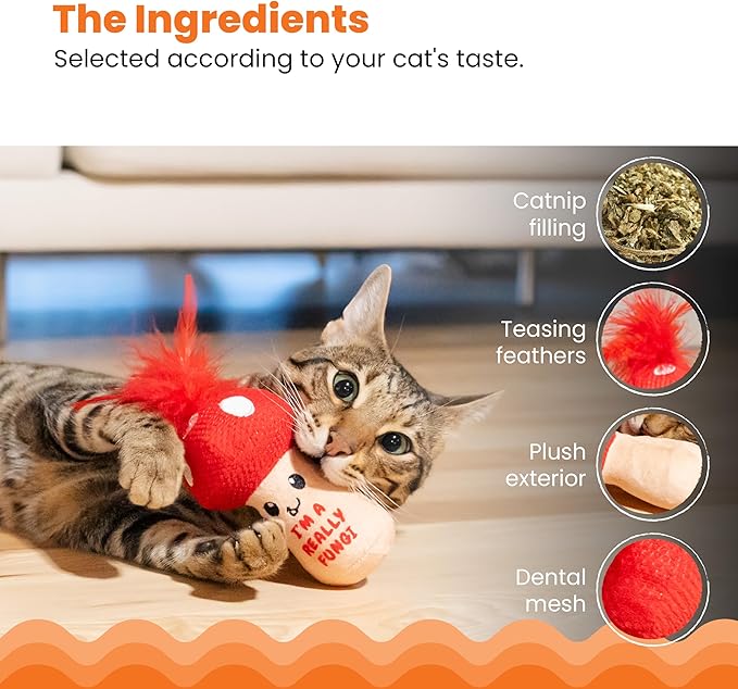 Catstages A Really Fungi Cat Kicker Toy with Catnip and Dental Mesh, Mushroom Shape, Plush and Feather Cat Toy for Kicking, Tossing, and Teeth Cleaning, Red