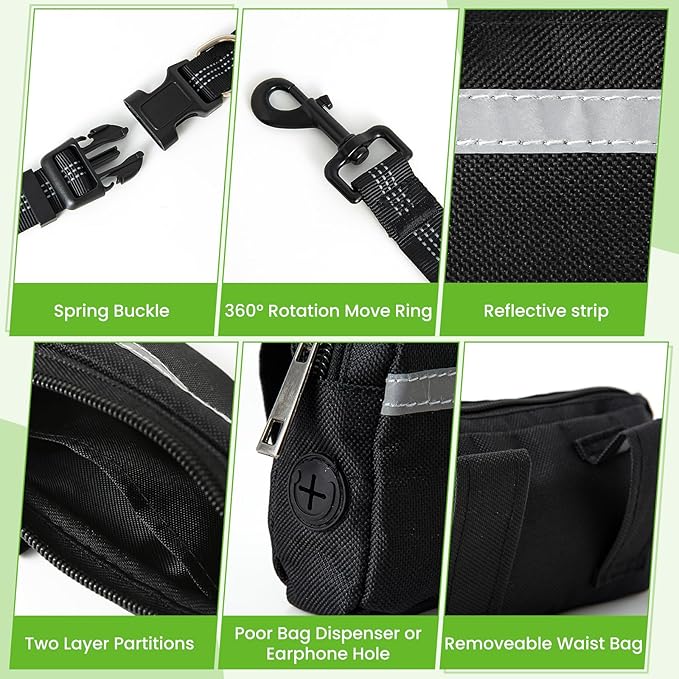 Double Leash for Two Dogs for 2 Dogs with Pouch and 4 Padded Handles for Medium to Large Dogs Running, Walking, Hiking