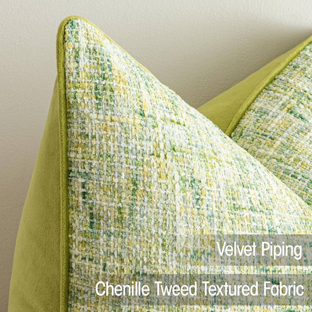 a moment Green Reversible Pillow Covers 2 Pack - Farmhouse Chenille Throw Pillows, Neutral Textured Decorative Throw Pillow Covers with Border for Couch Sofa Bed (20x20 Inch, No Insert)
