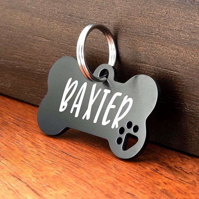 Ultra Joys Dog Tags Personalized for Pets - Hollow Paw Custom Pet ID Tag - Engraved Dog Tag for Small, Large Dogs - Small Bone in Black