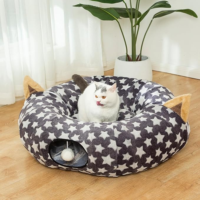 LUCKITTY Large Cat Tunnel Bed Under Christmas Tree with Fluffy Toy Balls, Small Cushion and Flexible Design- 10 inch Diameter, 3 ft Length- Great for Cats, and Small Dogs, Gray Star Pattern