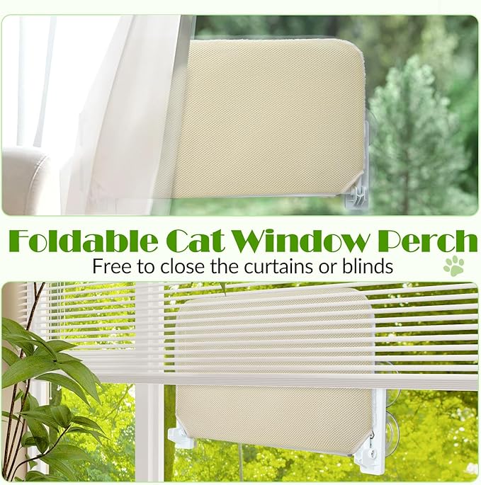 keny Cordless Cat Window Perch, Foldable Cat Window Hammock with 4 Suction Cups, Reversible Cover with Two Different Kinds of Fabrics, 40Lbs Load Capacity Sturdy Cat Window Bed for Cats Inside, White