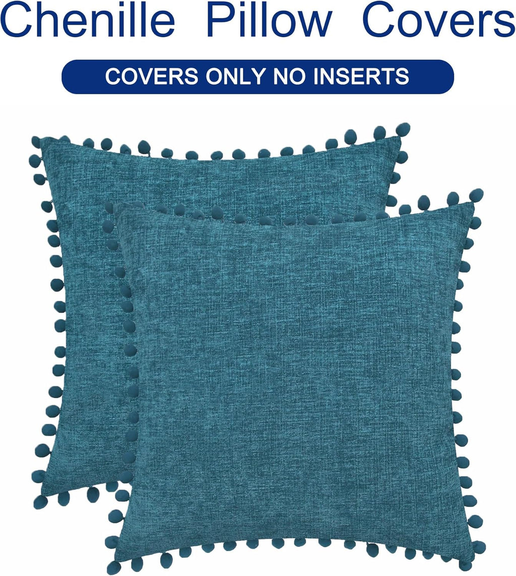 CaliTime Throw Pillow Covers Decorative 22 X 22 Inches Pack of 2 Cozy Solid Dyed Soft Chenille Cushion Cases with Pom Poms for Couch Sofa Bed Living Room Home Ocean Blue