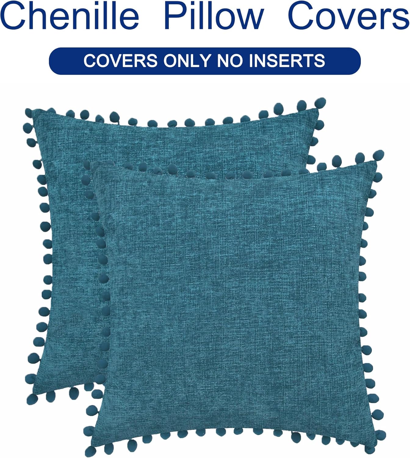 CaliTime Throw Pillow Covers Decorative 22 X 22 Inches Pack of 2 Cozy Solid Dyed Soft Chenille Cushion Cases with Pom Poms for Couch Sofa Bed Living Room Home Ocean Blue