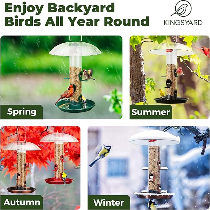 Kingsyard Metal Bird Feeders for Outdoors Hanging, Wild Bird Feeder for Finch Cardinal, Large Tray and Rainproof Dome, 2 lbs Seeds Capacity (Antique Copper)