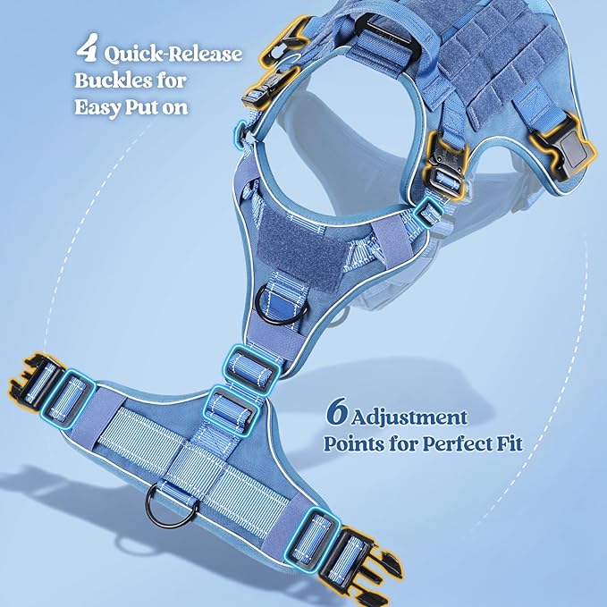 rabbitgoo Tactical Dog Harness for Large Dogs, No Pull Upgraded Reflective Heavy Duty Molle Vest with Handle, Adjustable Military Service Dog Vest for Walking Hiking Training, Blue, L