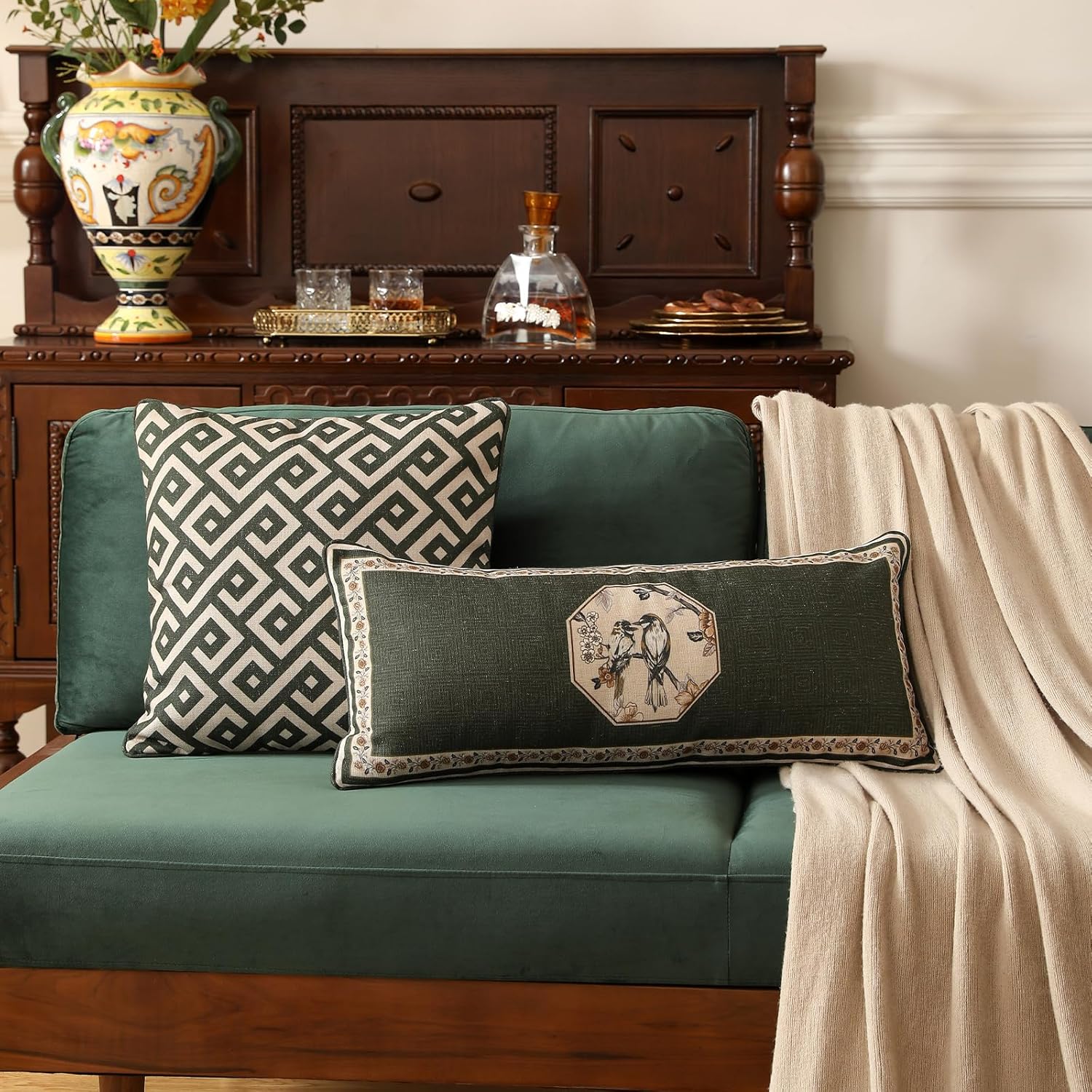 ISAENNE Design Linen Classic Vintage Throw Pillow Covers 18"x18", Minimalist Square Cushion Covers with Green Irregular Plaid Pattern Decor Pillowcases for Bed,Living Room,Outdoor,Car