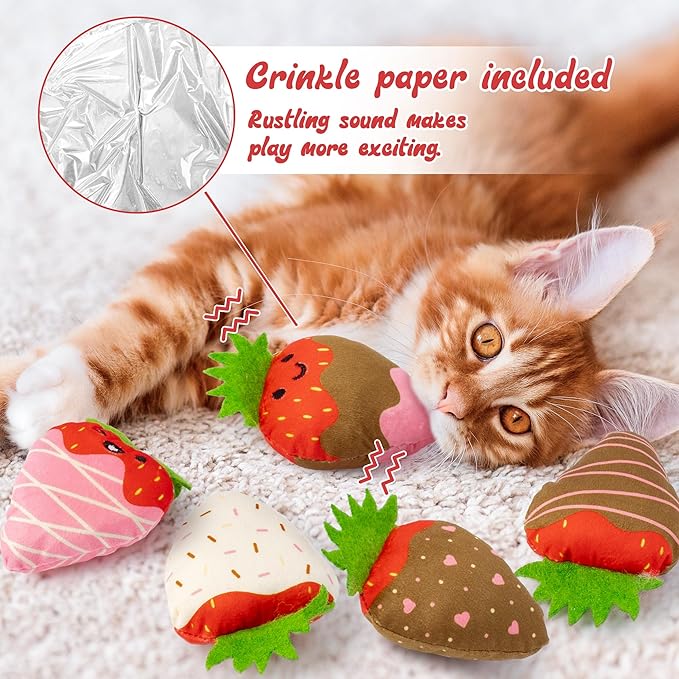 MALLMALL6 Catnip Toys for Cat - 5Pcs Strawberry Chocolate Crinkle Paper Sound Catmint Toy Gift for Indoor Kitten, Teething Chew Kick Interactive Kitty Supplies, Soft Candy Pet Present for Kitten Lover