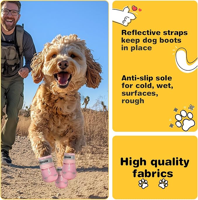 Hcpet Dog Shoes for Large Dogs, Breathable Dog Booties for Small Medium Dogs, Anti-Slip Dog Boots & Paw Protectors for Hot Pavement Winter Snow Hiking with Reflective Straps Pink Size 5