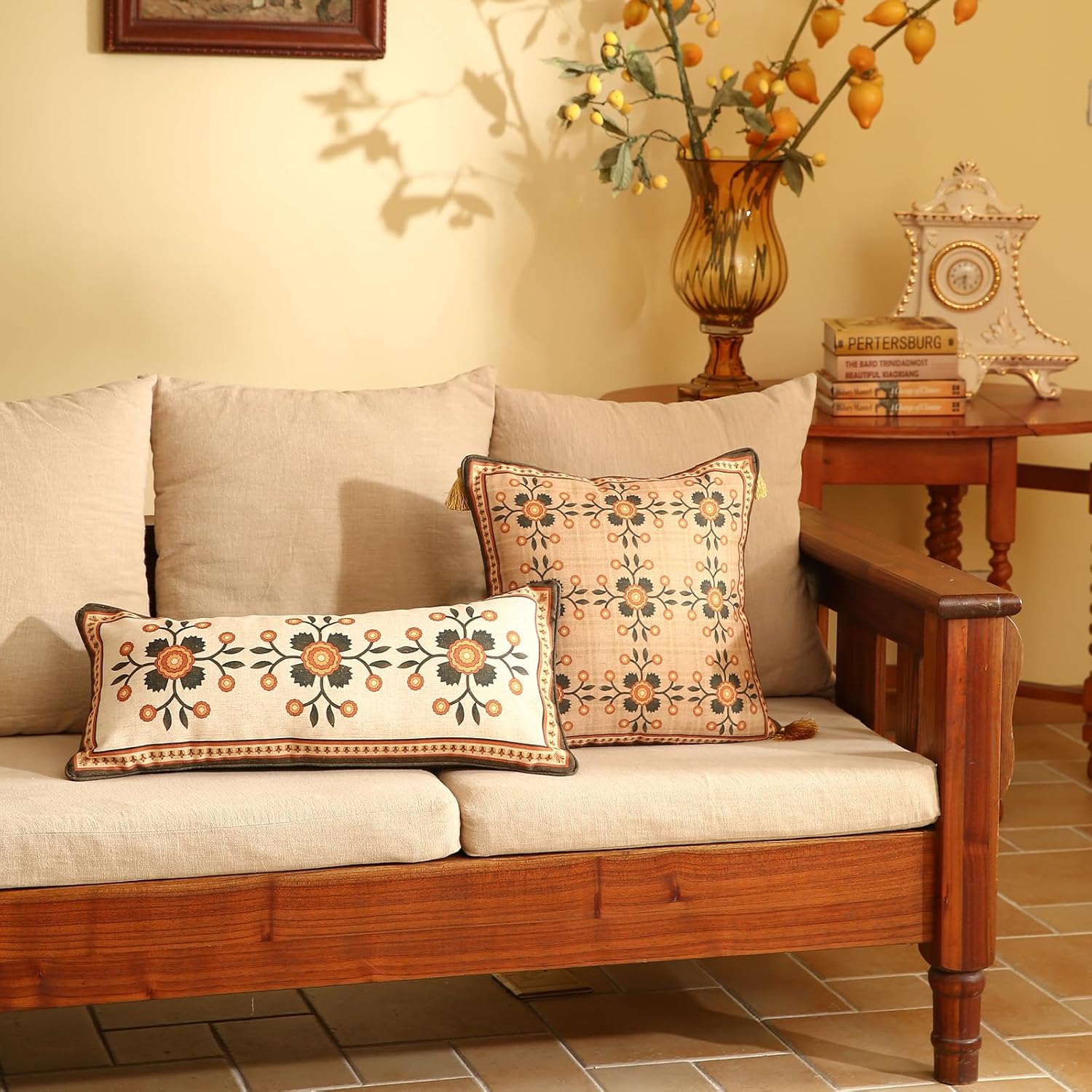 Brown Throw Pillow Covers Set of 2,Floral Farmhouse Linen Accent Pillows Cover for Couch Throw Pillows Case,Decorative Lumbar Pillows for Couch Sofa Bed Chair Cushion Covers 12"x20"