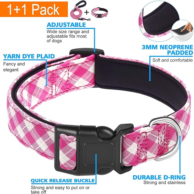 Reflective Dog Collar Padded with Soft Neoprene Breathable Adjustable Nylon Dog Collars for Small Medium Large Dogs (X-Small (Pack of 1), Pink Plaid Collar+Leash)