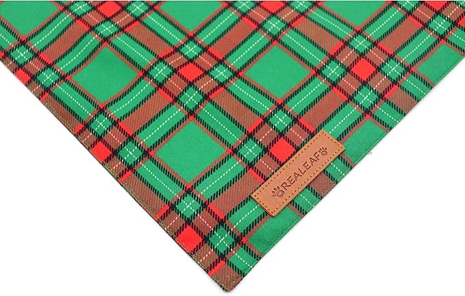 Realeaf Christmas Dog Bandanas 2 Pack, Reversible Red Green Plaid Dog Scarf, Xmas Pet Bandana for Boy and Girl, Premium Durable Fabric, Holiday Check Bandana for Medium and Large Dogs Pets (Large)
