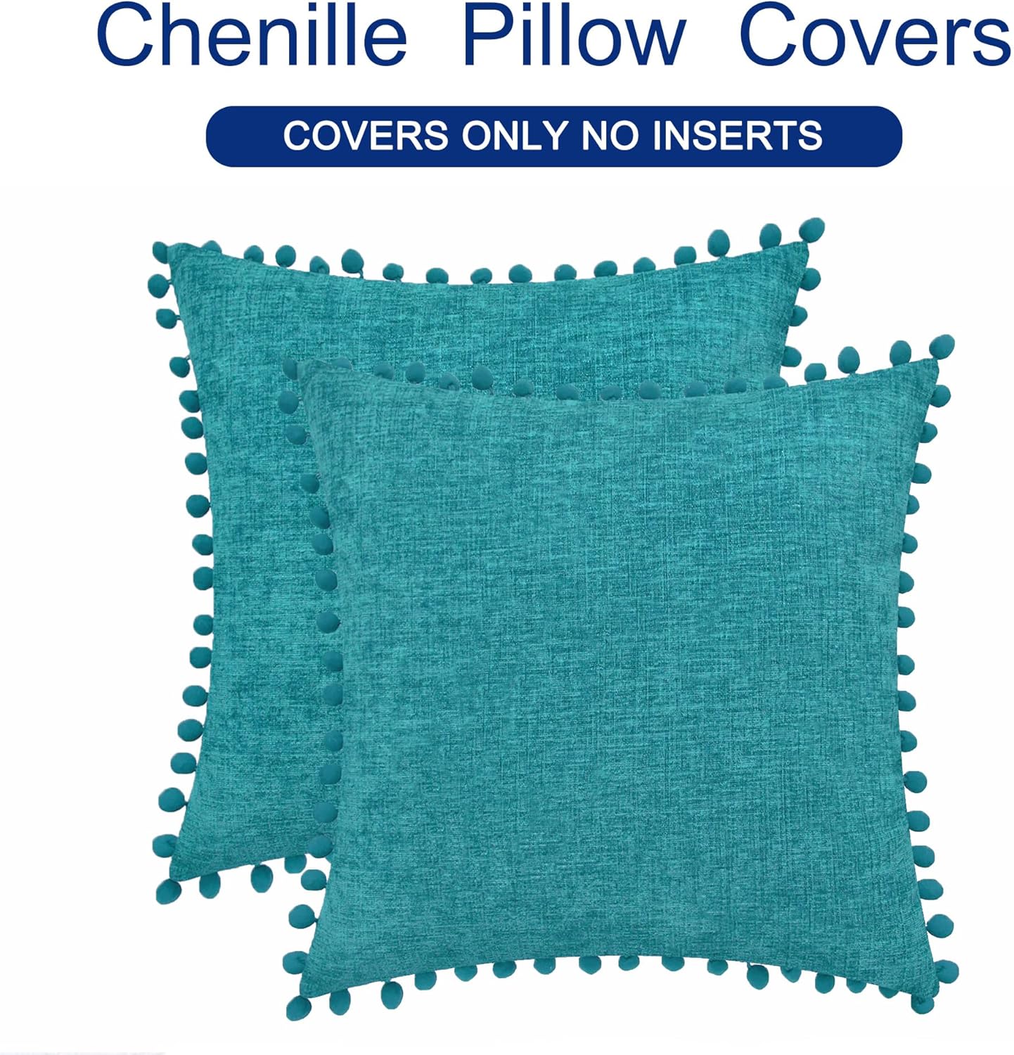 CaliTime Throw Pillow Covers Decorative 16 X 16 Inches Pack of 2 Cozy Solid Dyed Soft Chenille Cushion Cases with Pom Poms for Couch Sofa Bed Living Room Home Lake Blue