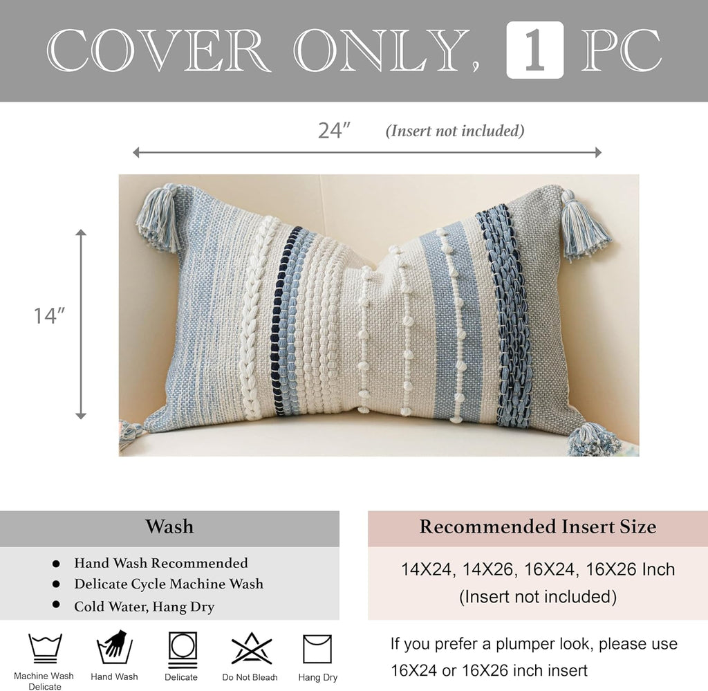 BlissBlush Decorative Lumbar Throw Pillow Cover 14x24 Boho Coastal Blue Accent Cushion for Couch Sofa Farmhouse Pillowcase for Bedroom Living Room Home Décor Cover ONLY