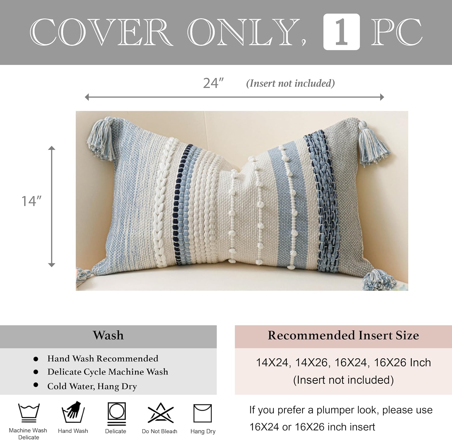 BlissBlush Decorative Lumbar Throw Pillow Cover 14x24 Boho Coastal Blue Accent Cushion for Couch Sofa Farmhouse Pillowcase for Bedroom Living Room Home Décor Cover ONLY