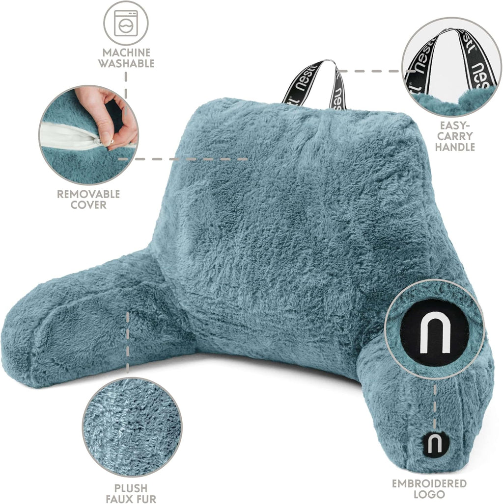 Nestl Fur Reading Pillow with Laptop Lap Desk, Stylish Back Pillow for Sitting Up, Lap Desk with Reading Pillows for Sitting in Bed Adult & Kids, Faux Fur Chair Pillow with Arms - Stone Blue