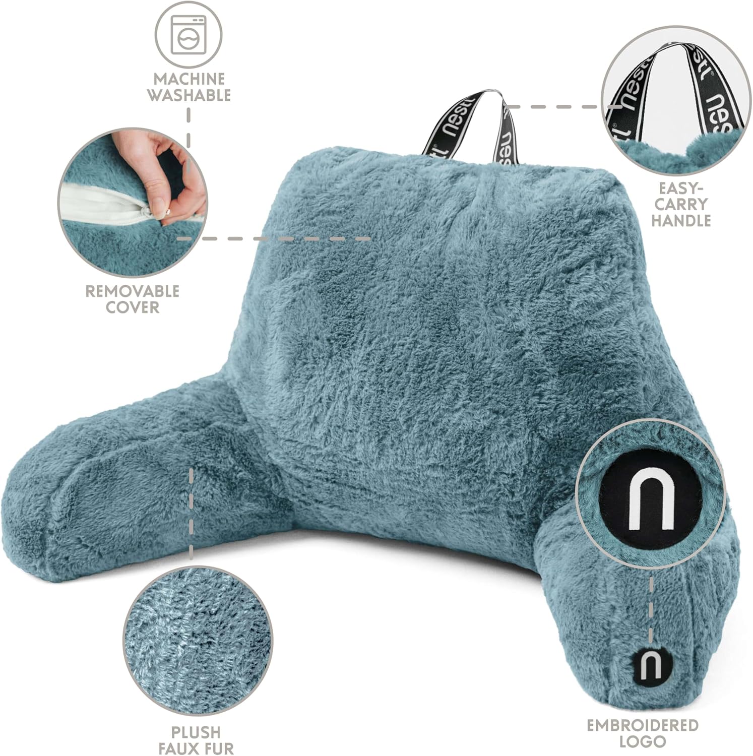 Nestl Fur Reading Pillow with Laptop Lap Desk, Stylish Back Pillow for Sitting Up, Lap Desk with Reading Pillows for Sitting in Bed Adult & Kids, Faux Fur Chair Pillow with Arms - Stone Blue