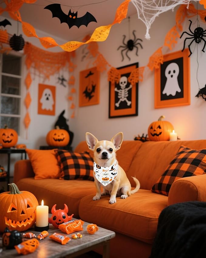 PET SHOW 100 Pack Halloween Extra Small Dog Bandanas Bulk Seamless Pumpkin Triangle Bibs Scarves XS for Puppies Cats Adjustable Grooming Kerchiefs for Girl Boy Pets Costume Accessories (Small)