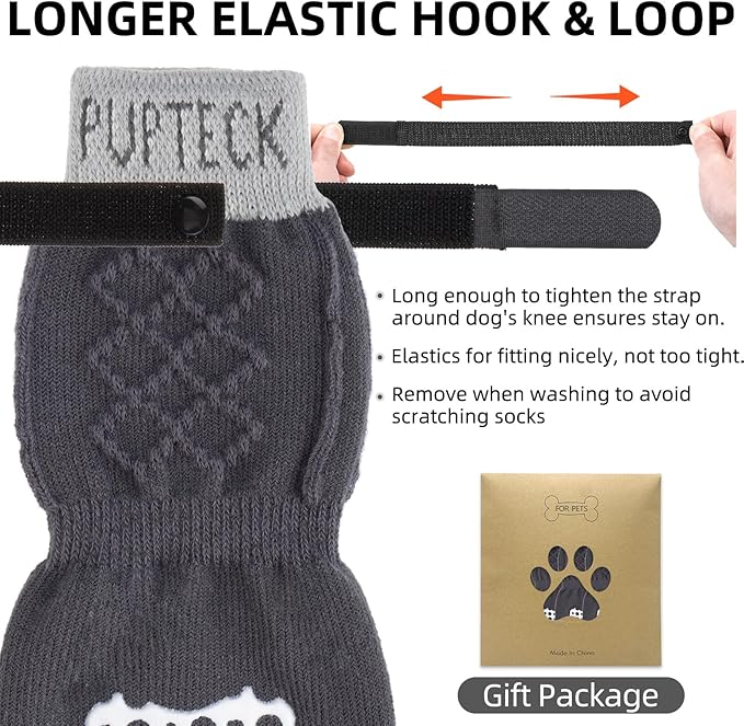 PUPTECK Anti Slip Dog Socks 2 Pairs with Double Grippers for Hardwood Floors, Shoes for Hot/Cold Pavement, Boots & Paws Protectors to Prevent Licking, Traction Booties for Senior Small Large Dogs