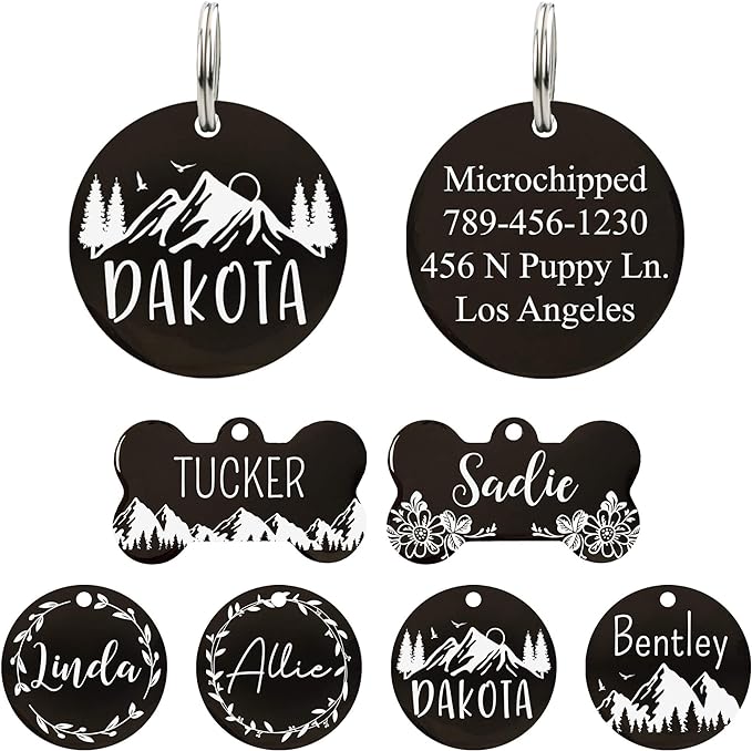 Ultra Joys Stainless Steel Pet ID Tag Dog Name Tags Personalized Front & Back Engraving, Customized Dog Tags and Cat Tags, Optional Engraved on Both Sides, Round Tag with Mountain on Top Design, Large