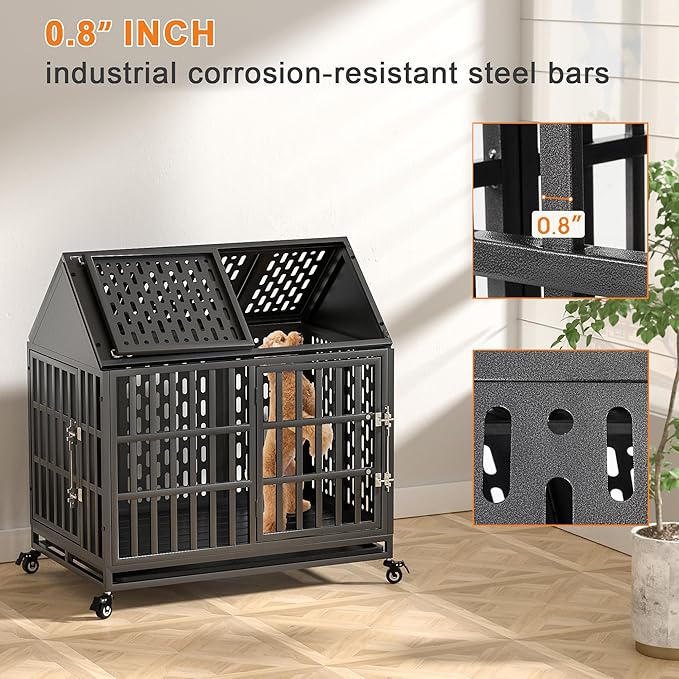 38 Inch Heavy Duty Dog Crate with Self-Locking Latch for High Anxiety Dogs, Indestructible Large Kennel Indoor with Pointed Roof, Removable Trays and Lockable Wheels, Chew Proof Cage