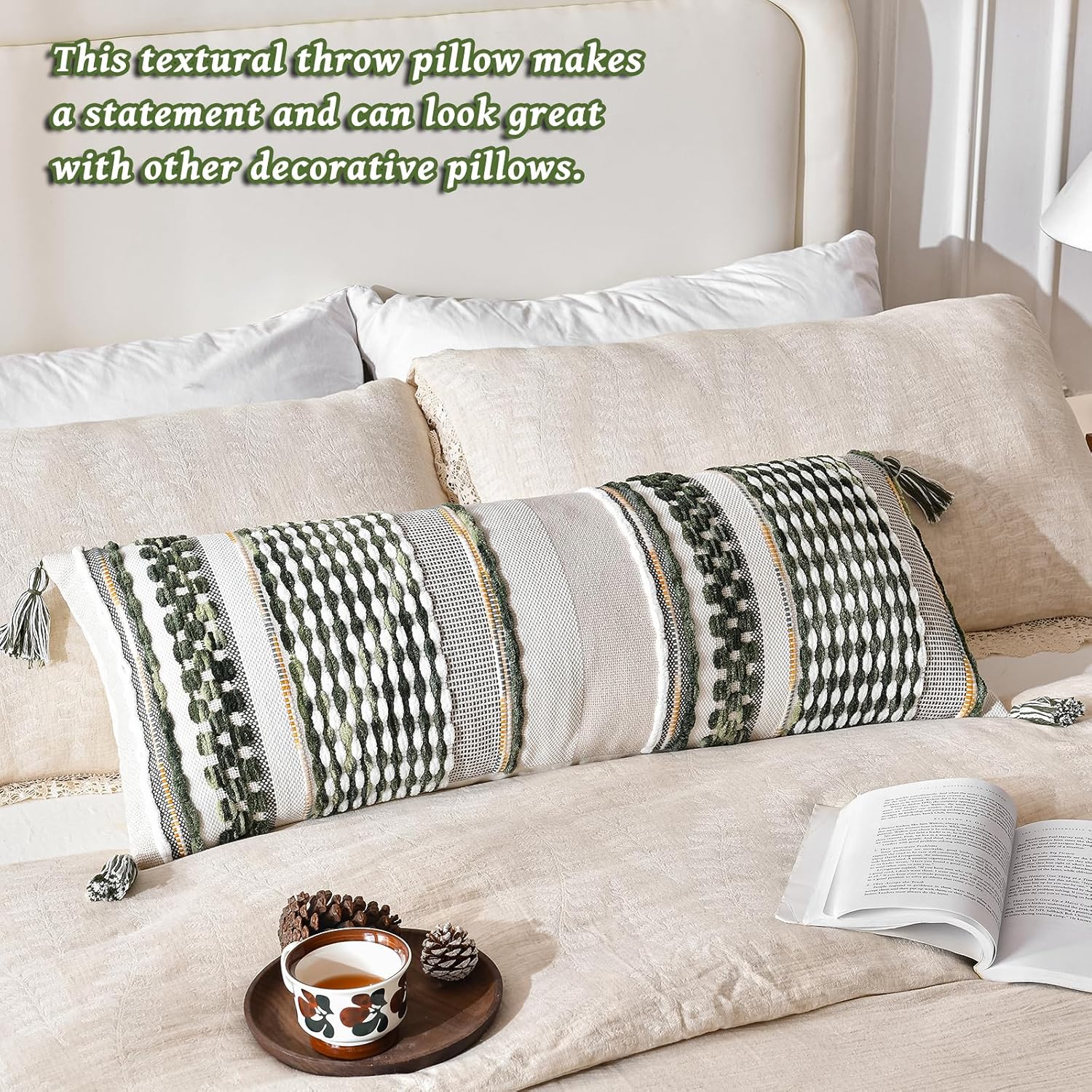 AmHoo Chenille Striped Textured Boho Throw Pillow Covers Aesthetic with Tassels Woven Decorative Pillow Case for Couch Bed Sofa Bedroom Modern Funky 14 x 36-Inch Sage Green