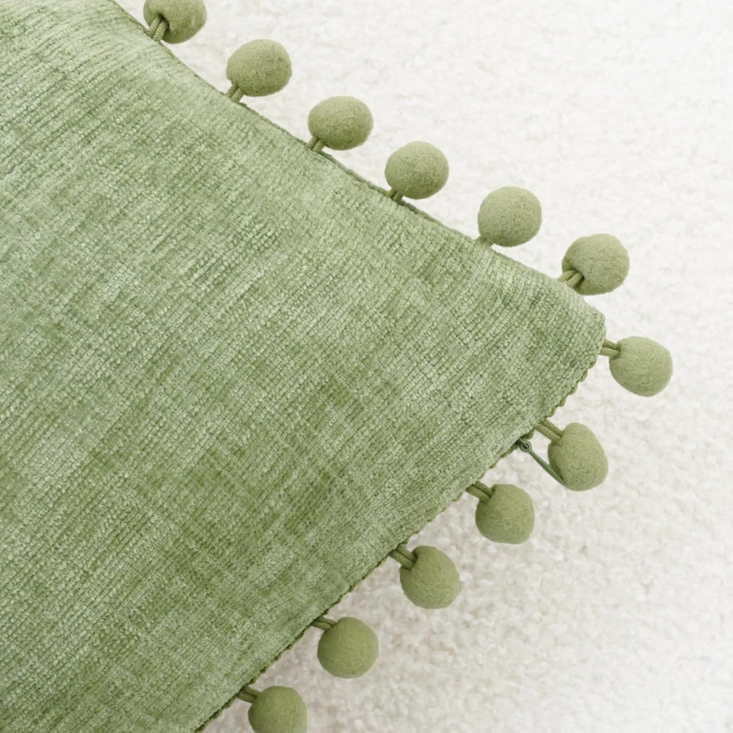 CaliTime Throw Pillow Covers Decorative 18 X 18 Inches Pack of 2 Cozy Solid Dyed Soft Chenille Cushion Cases with Pom Poms for Couch Sofa Bed Living Room Home Sage
