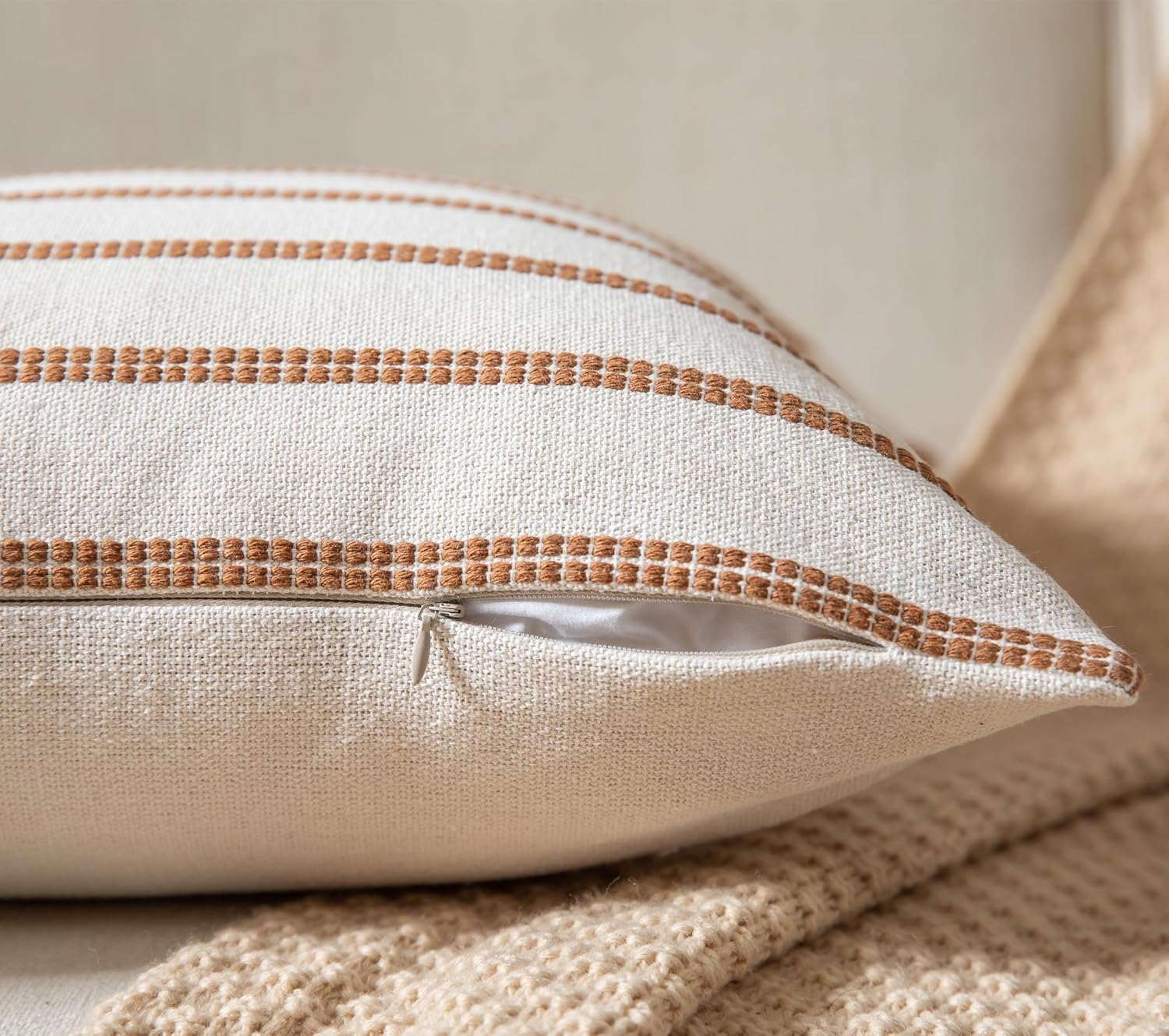 Caflife Boho Throw Pillow Covers 12x20 Set of 2 Soft Farmhouse Decorative Couch Pillow Cases Brown Striped Pillow Covers Neutral Cushion Covers for Sofa Bed Living Room Home Decor