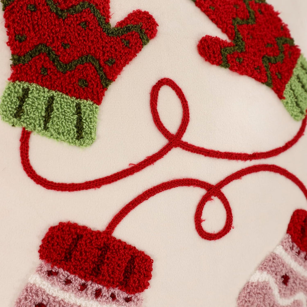 LUOYEHK Christmas Pillow Covers 18x18 Set of 2 Cute Gloves Decorative Beige Pillow Cases Winter Holiday Velvet Embroidered Cushion Covers for Couch Sofa Bed