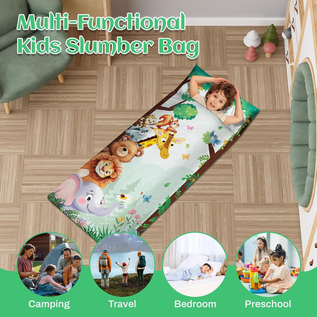 Toddler Nap Mat Kids Sleeping Bag 59‘’×24‘’, Soft Slumber Bag with Removable Pillow for Kids Girls Boys,Roll Up Sleeping Mat Lightweight for Camping,Daycare, Kindergarden