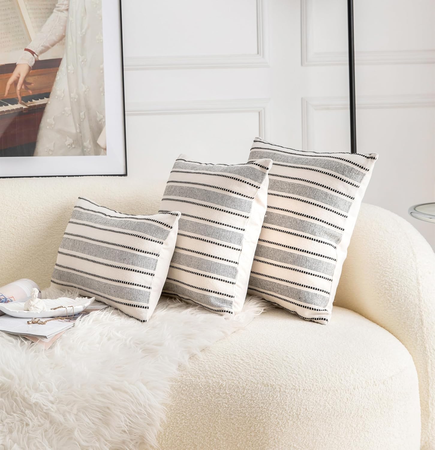 Decorative Boho Lumbar Throw Pillow Covers, Farmhouse Textured Pillow Case, 12 x 20 Inch Set of 2, Chair Sofa Bedroom Living Room Home Decor Couch Cushion Case, Black and Beige