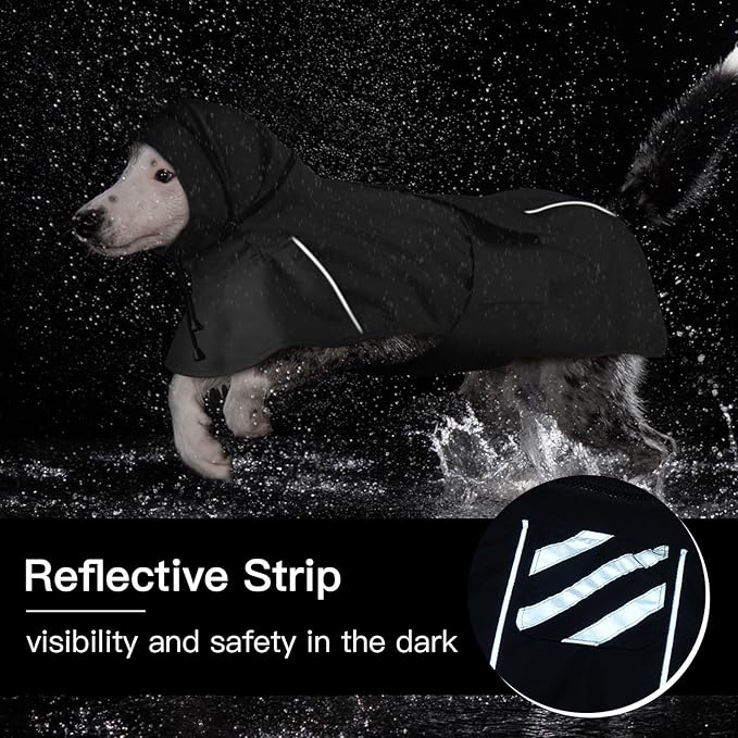 Large Dog Raincoat, Reflective Waterproof Rain Jacket with Convertible Hood/Collar, Lightweight Adjustable Dog Poncho with Leash Hole Full Coverage (Black, L)