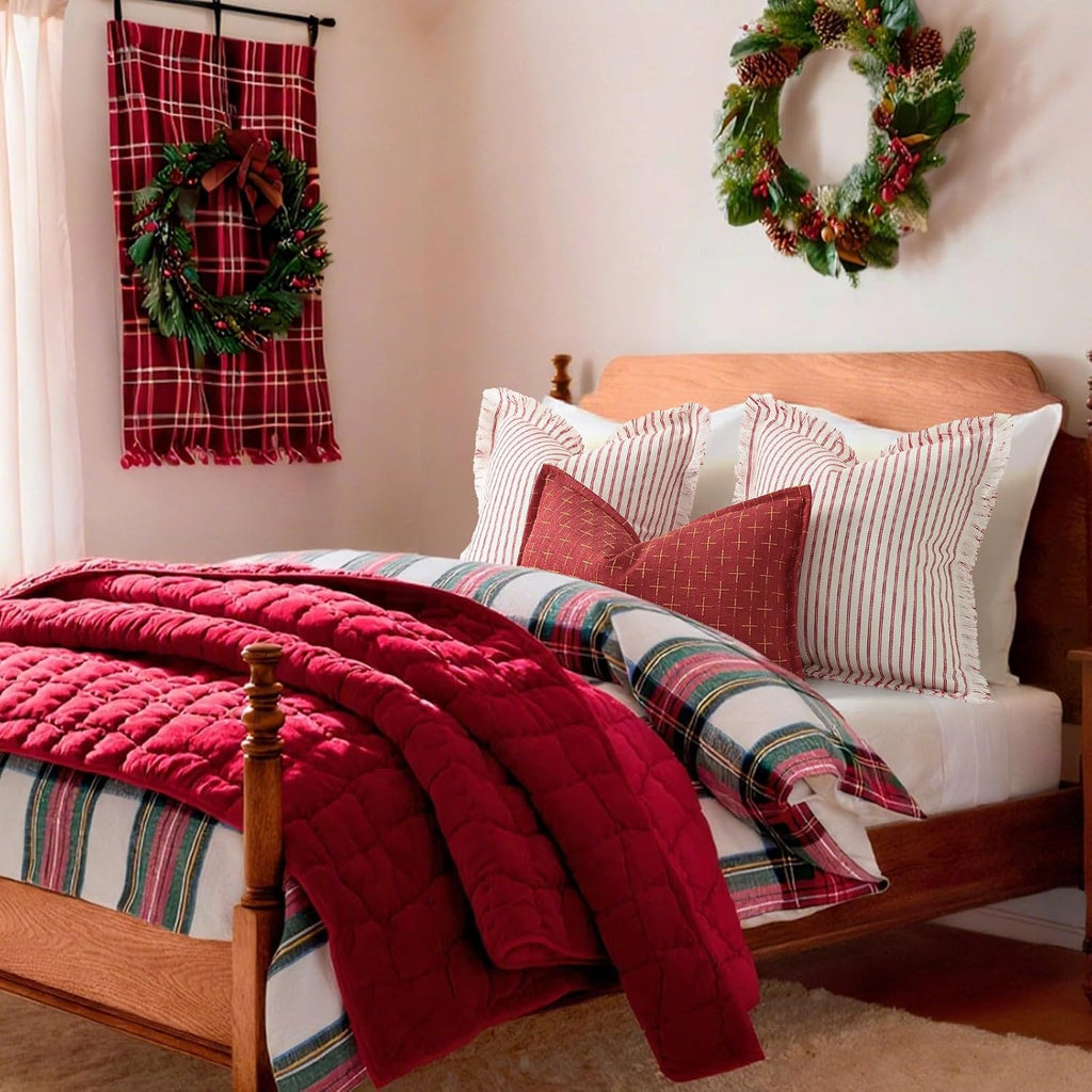 ZWJD Throw Christmas Pillow Covers 26x26 Set of 2 Striped Pillow Covers with Fringe Chic Cotton Decorative Pillows Square Cushion Covers for Sofa Couch Bed Living Room Farmhouse Decor