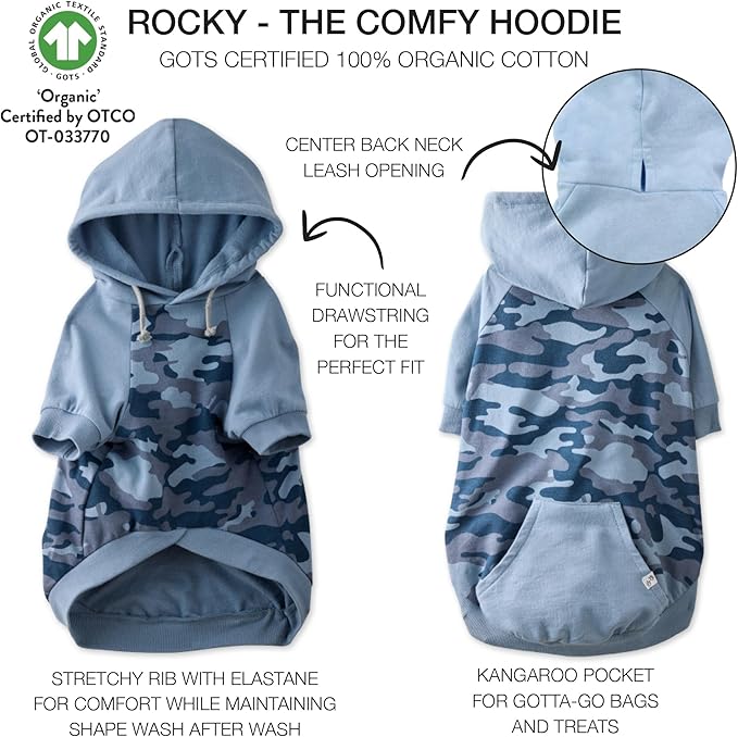 Rocky – The Orginal Lightweight Hooded TEE 100% Organic Cotton Dog Hoodie Pet Coat Sweater for Small, Medium, Large Dogs, Navy Half Camo, Small (10-25 lbs)