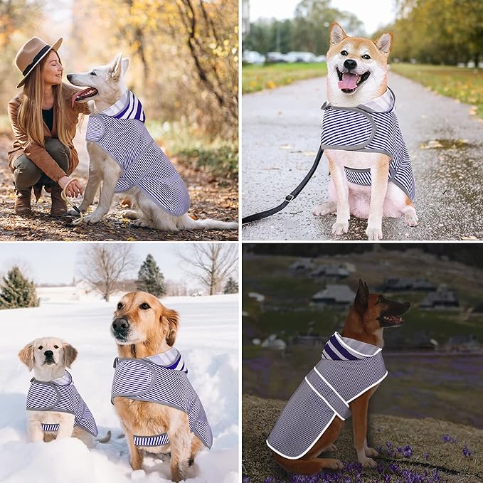Dog Raincoat for Large Dogs Puppies Waterproof Hooded Rain Jacket with Reflective Strips Leash Hole & Poncho Adjustable Fit (Bluestripe,XXL)