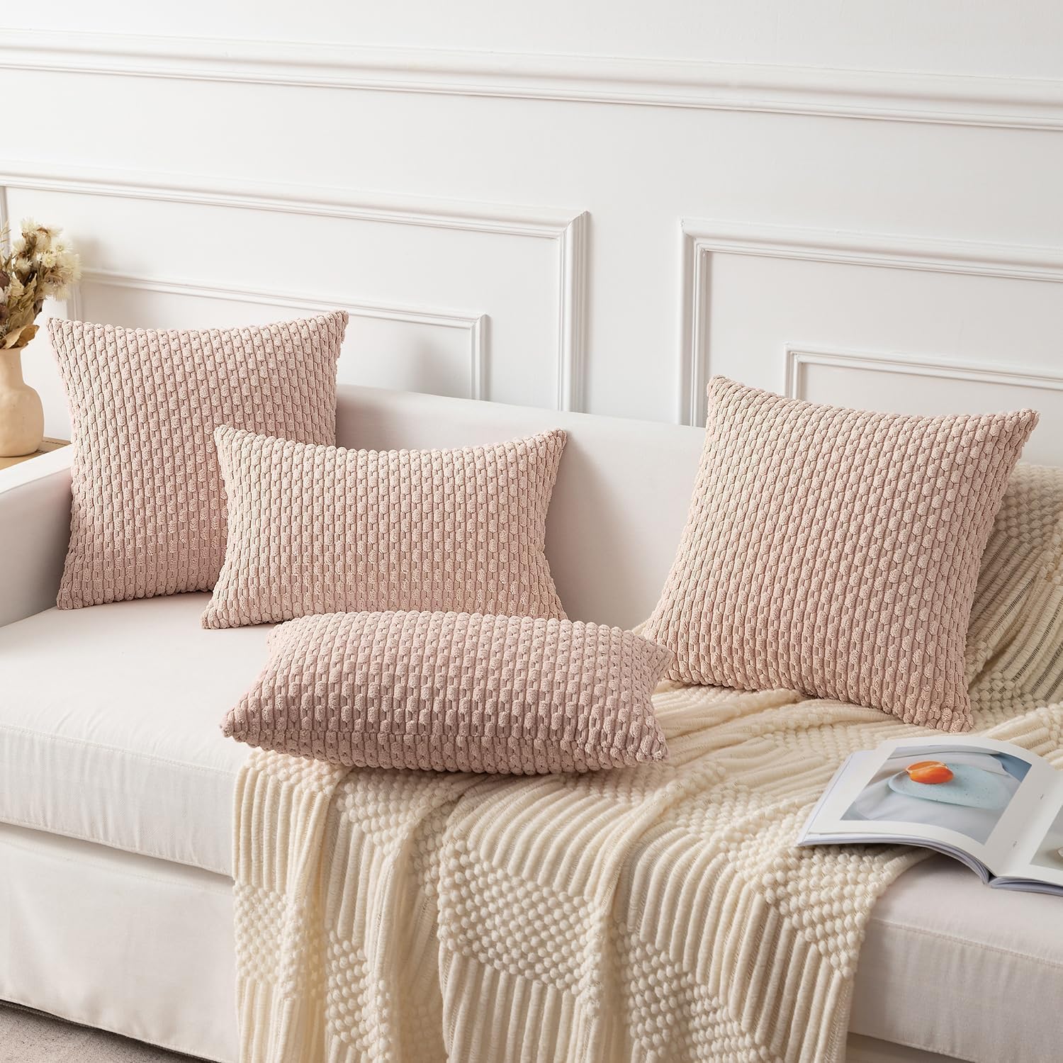 Kevin Textile Valentines Day 12x20 Inch Pillow Cover 1 Pack Boho Decorative Soft Striped Corduroy Lumbar Farmhouse Accent Rectangle Cushion Case for Living Room Couch Sofa Bed, Light Pink