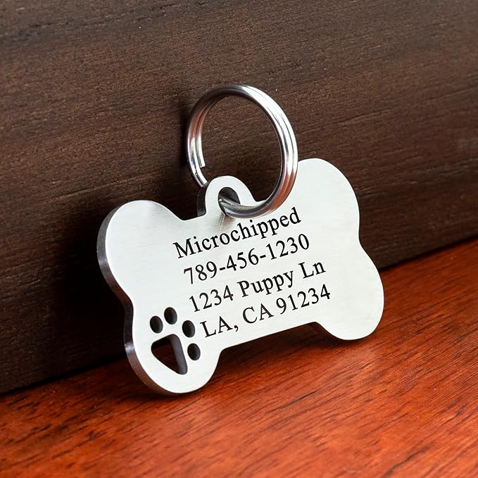 Ultra Joys Dog Tags Personalized for Pets - Hollow Paw Custom Pet ID Tag - Engraved Dog Tag for Small, Large Dogs - Large Bone in Silver
