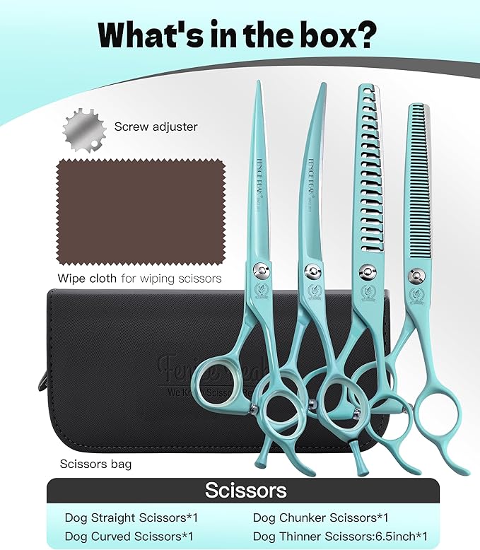 Fenice Peak 7" Professional Dog Grooming Scissors Set, Japanese 440C Stainless Steel Straight Thinning Curved Chunker Shears for Pet Grooming, Trimming Face, Paws, Green