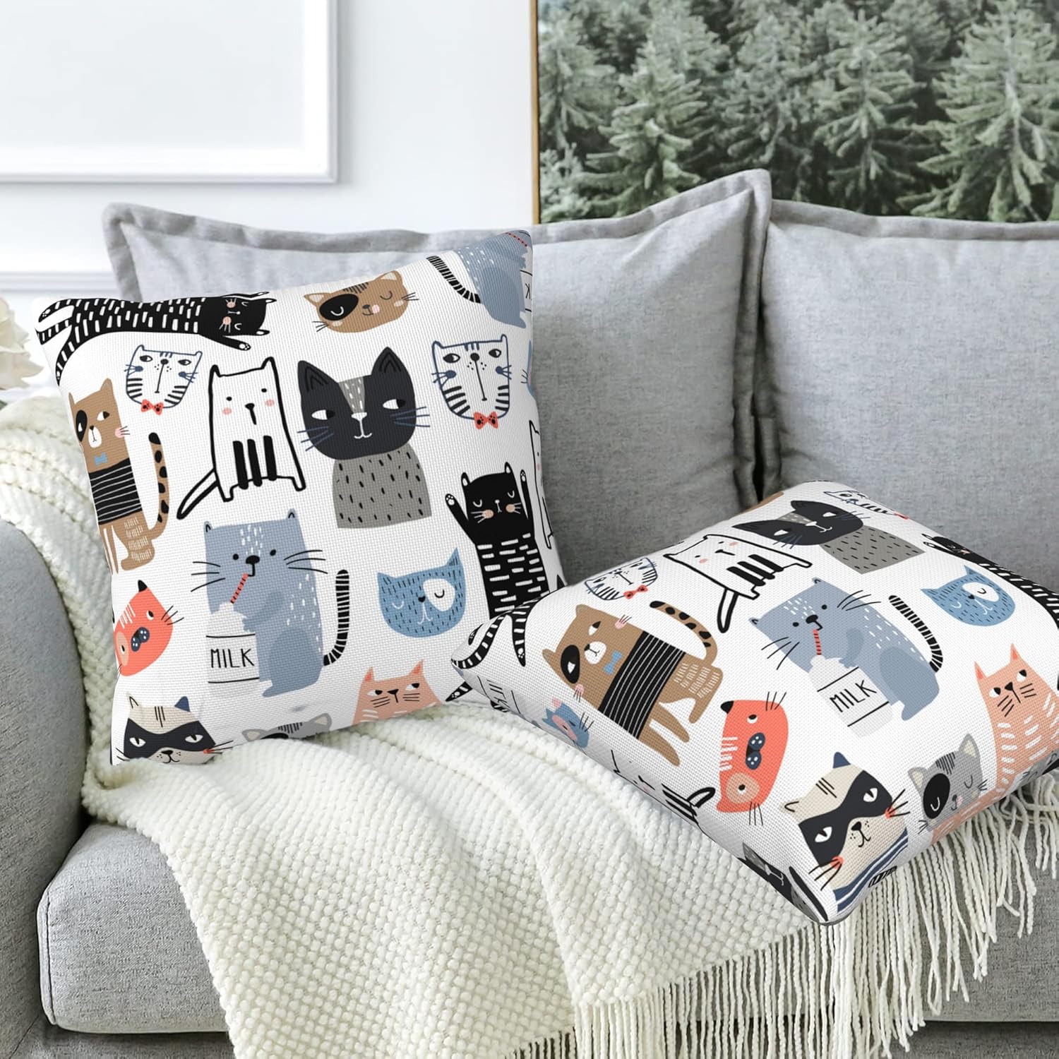 Throw Pillow Cover Case Funny Cats Pillow Covers 18x18 Inch Set of 2,Soft Decorative Throw Pillow Case for Living Room Bedroom Sofa Couch Cushion Covers