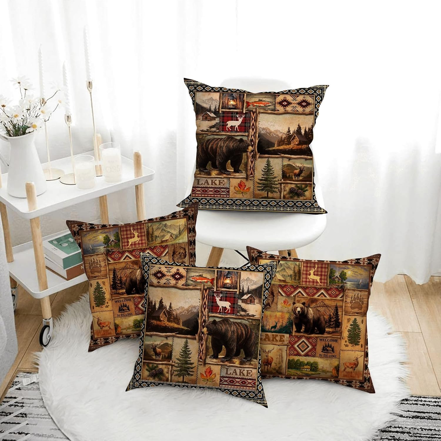 Vintage Rustic Lodge Bear Pillow Covers 18x18 Inch Set of 4, Farmhouse Cabin Throw Pillow Cases for for Couch Bed Sofa Chair Cushion Living Room Decor Brown Cabin Pillowcases