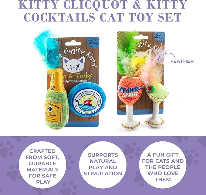 Clicquot Champagne & Caviar + Kitty Cocktails Apawrol Spritz & Cattini Set, Plush Cat Toys Catnip Filled with Interactive Crackle Sound, Safe, Durable Toys for Cat & Kitten, 4 Pcs