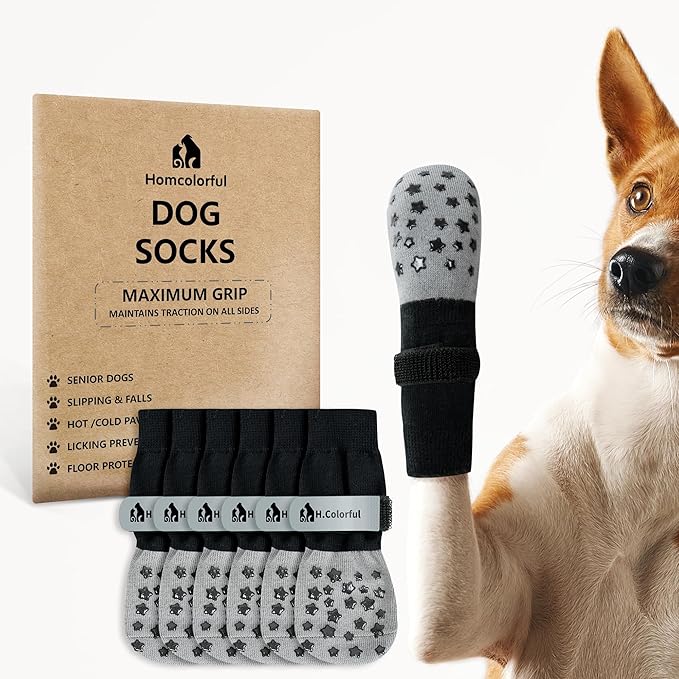 Anti-Slip Dog Socks for Hardwood Floors, Non-Slip Socks with Reflective Strips to Provide Paw Protection, Reflective Grip Socks for Senior Dogs, Prevent Licking & Scratches, 6 PCS Set - XS
