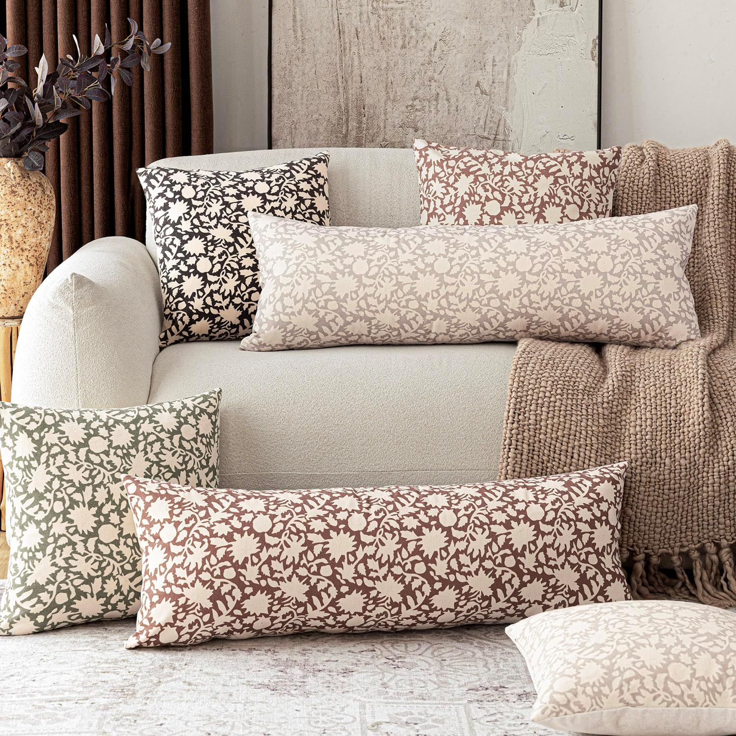 Foindtower Set of 2 Decorative Long Body Lumbar Throw Pillow Covers Accent Farmhouse Cushion Covers Floral Vintage Pillowcase for Couch Sofa Bedroom Living Room Home Decor,14×36 Inch,Brown