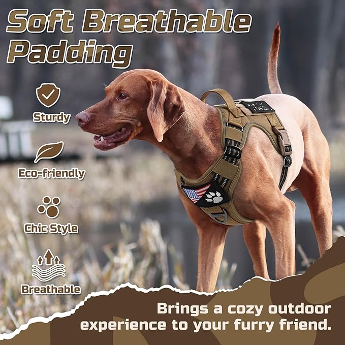 rabbitgoo Tactical Dog Harness for Large Dogs, No Pull Military Service Vest with Handle & Molle, Easy Control for Training Walking, Adjustable Reflective Straps, Brown, L